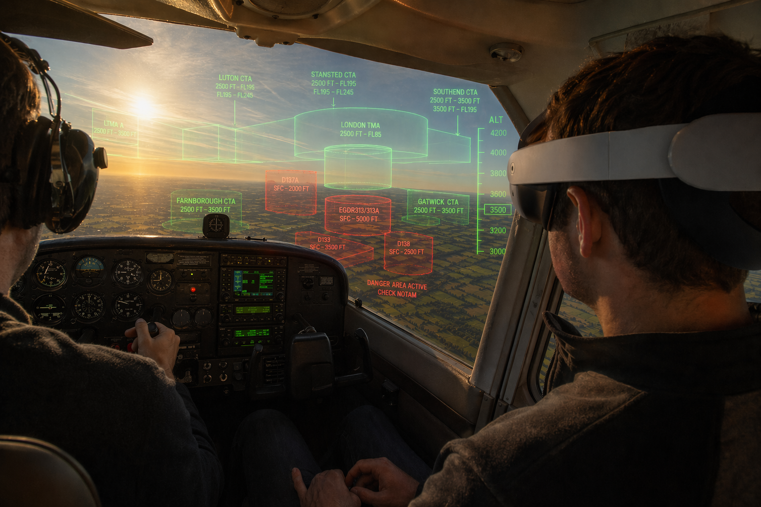 Pilot wearing mixed-reality headset in a GA cockpit with airspace boundaries and traffic overlaid in the field of view